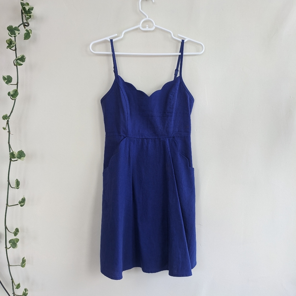 COPE | Blue Scallop-Trim Linen Blend Dress Size XS - Picture 3 of 9